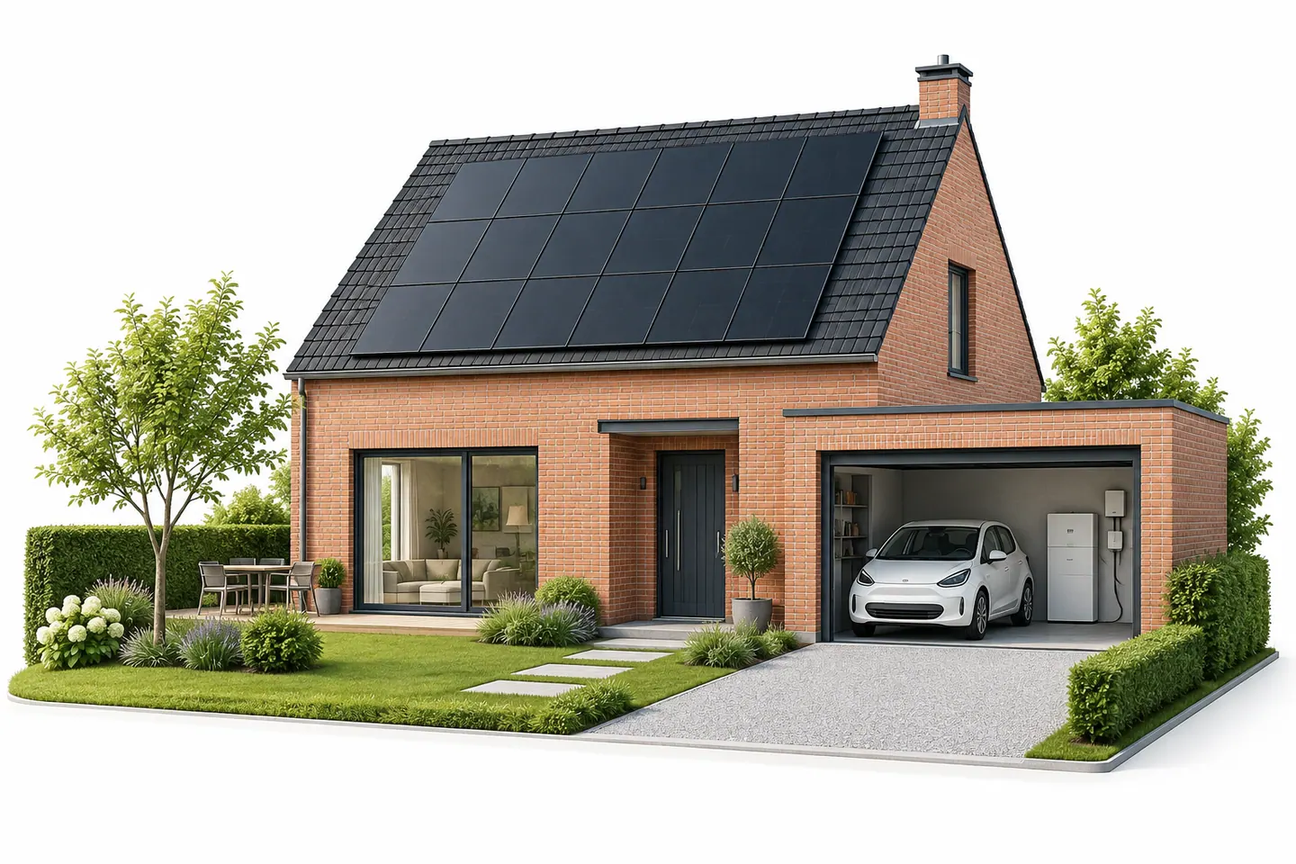 Illustration : maison équipée en solaire, stockage et recharge électrique